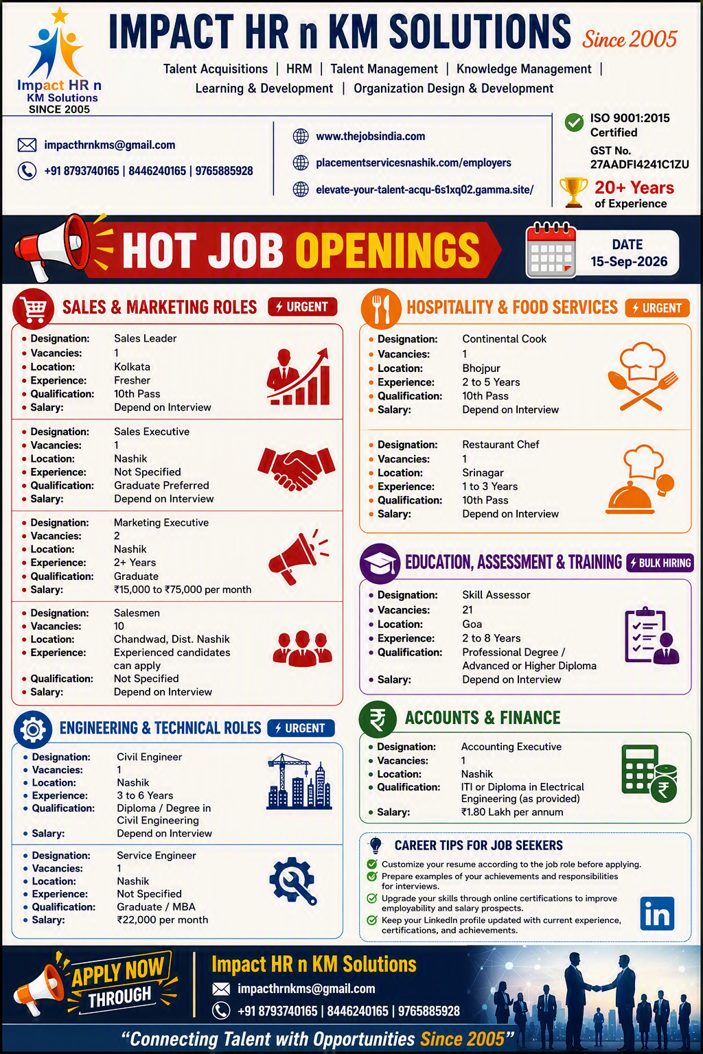 Nashik JOB OPENINGS Date: 15-Sep-2026